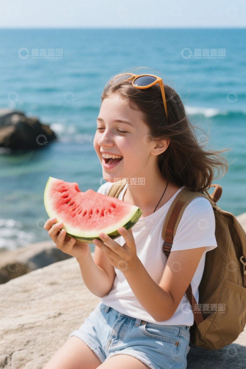 高清大图下载【趣麦麦图】海边女孩手持西瓜笑容灿烂