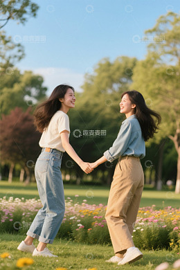 高清大图下载【趣麦麦图】公园中手牵手的两位年轻女性