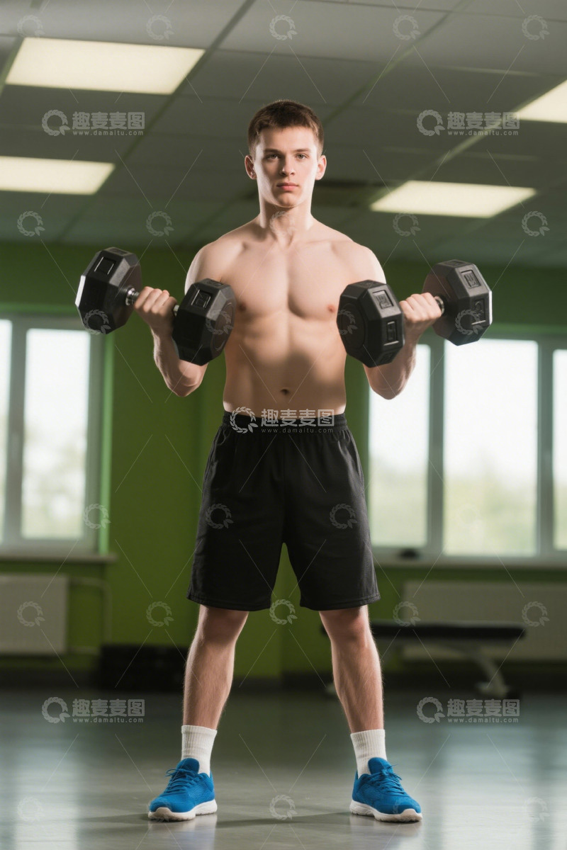 高清大图下载【趣麦麦图】男性健身房举哑铃健身场景