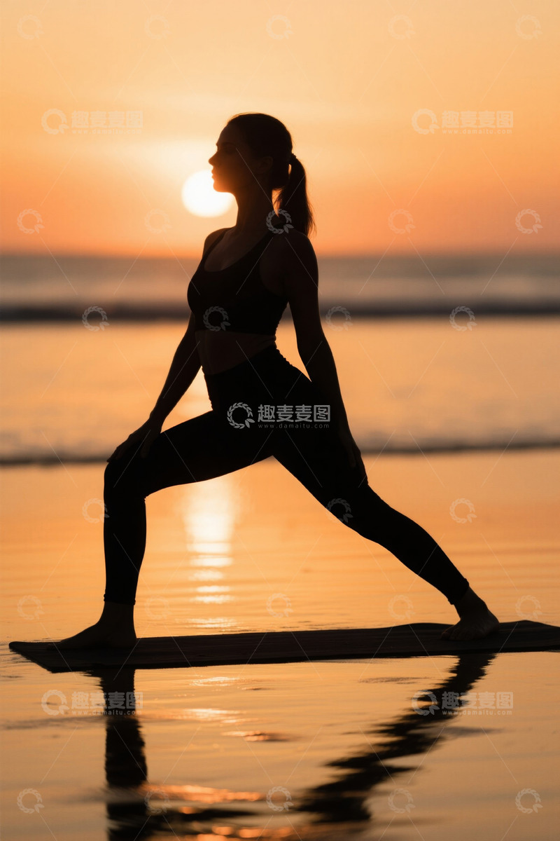 高清大图下载【趣麦麦图】海滩夕阳下女人做瑜伽