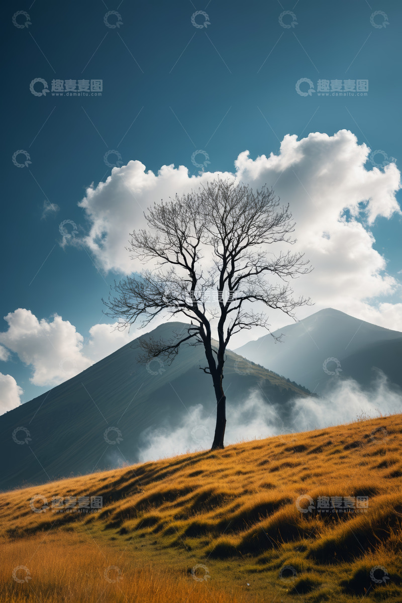 高清大图下载【趣麦麦图】山坡上的孤树与远山景观