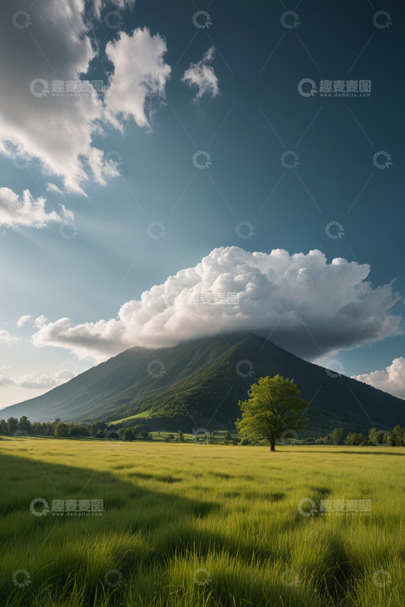 高清大图下载【趣麦麦图】草原上孤树与远山的自然风光