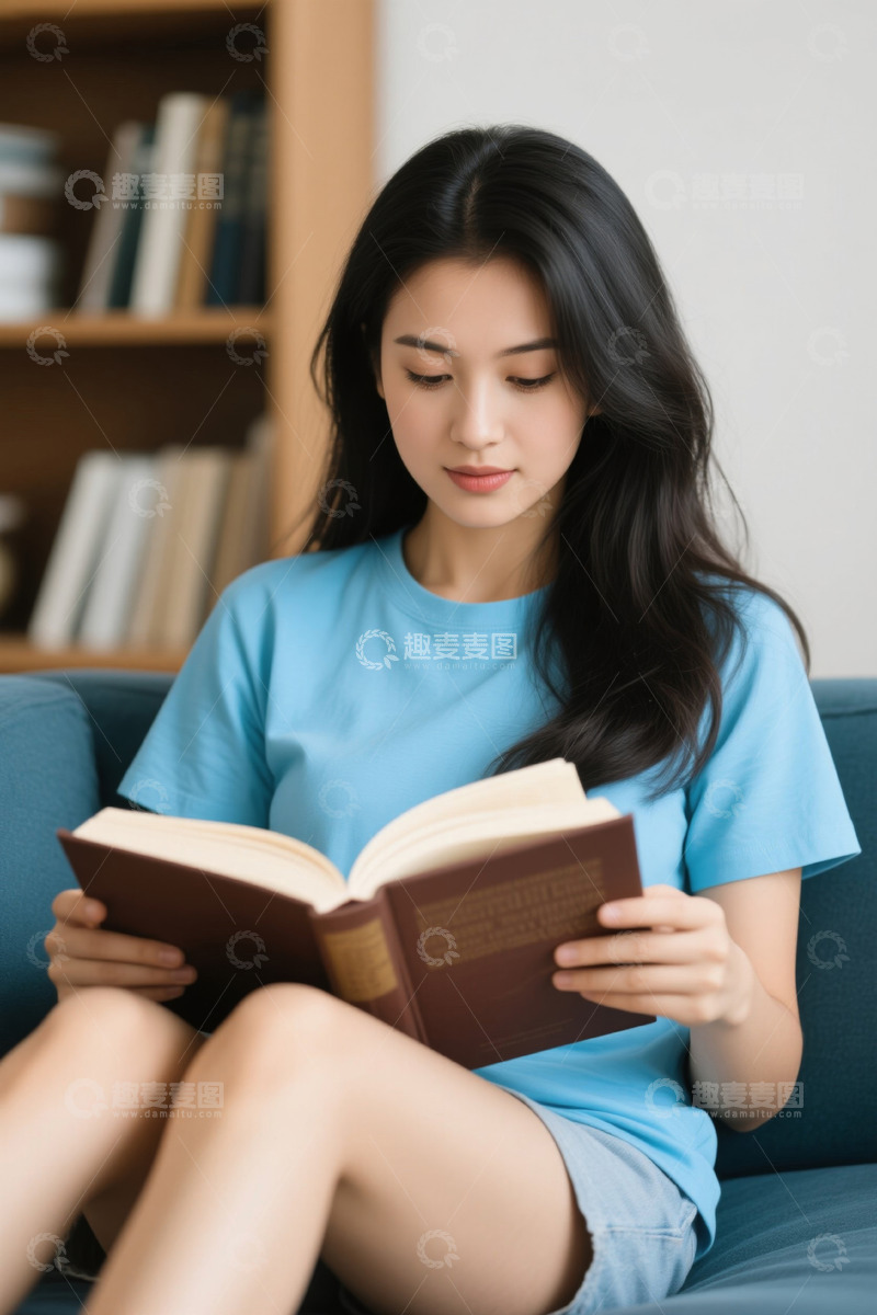 高清大图下载【趣麦麦图】女子居家沙发上安静阅读