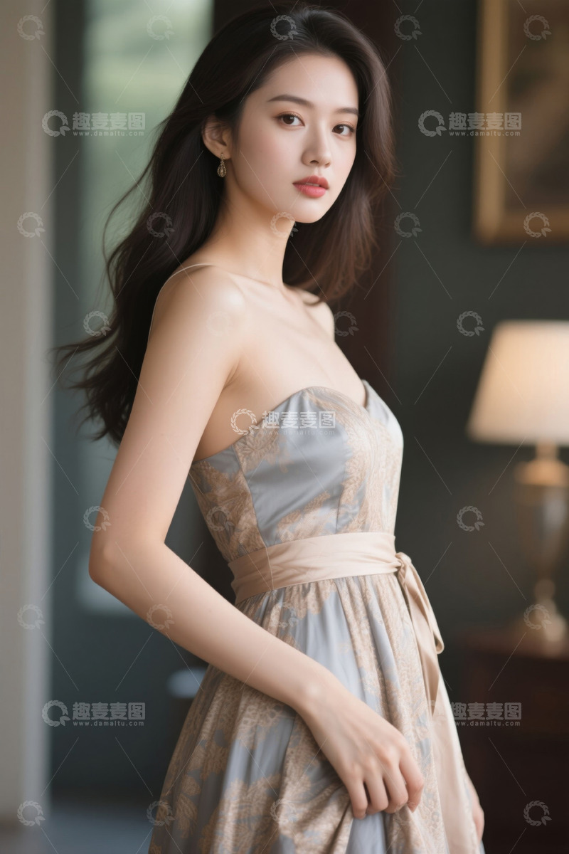 高清大图下载【趣麦麦图】身着吊带裙的女性室内肖像