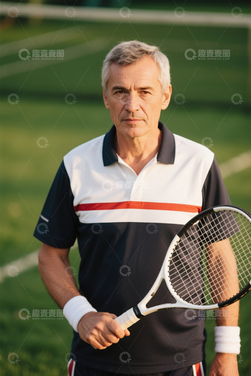 高清大图下载【趣麦麦图】持网球拍的老年男性运动员