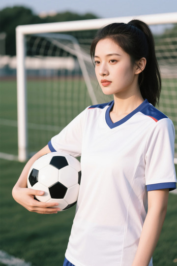 手持足球的年轻女性在足球场