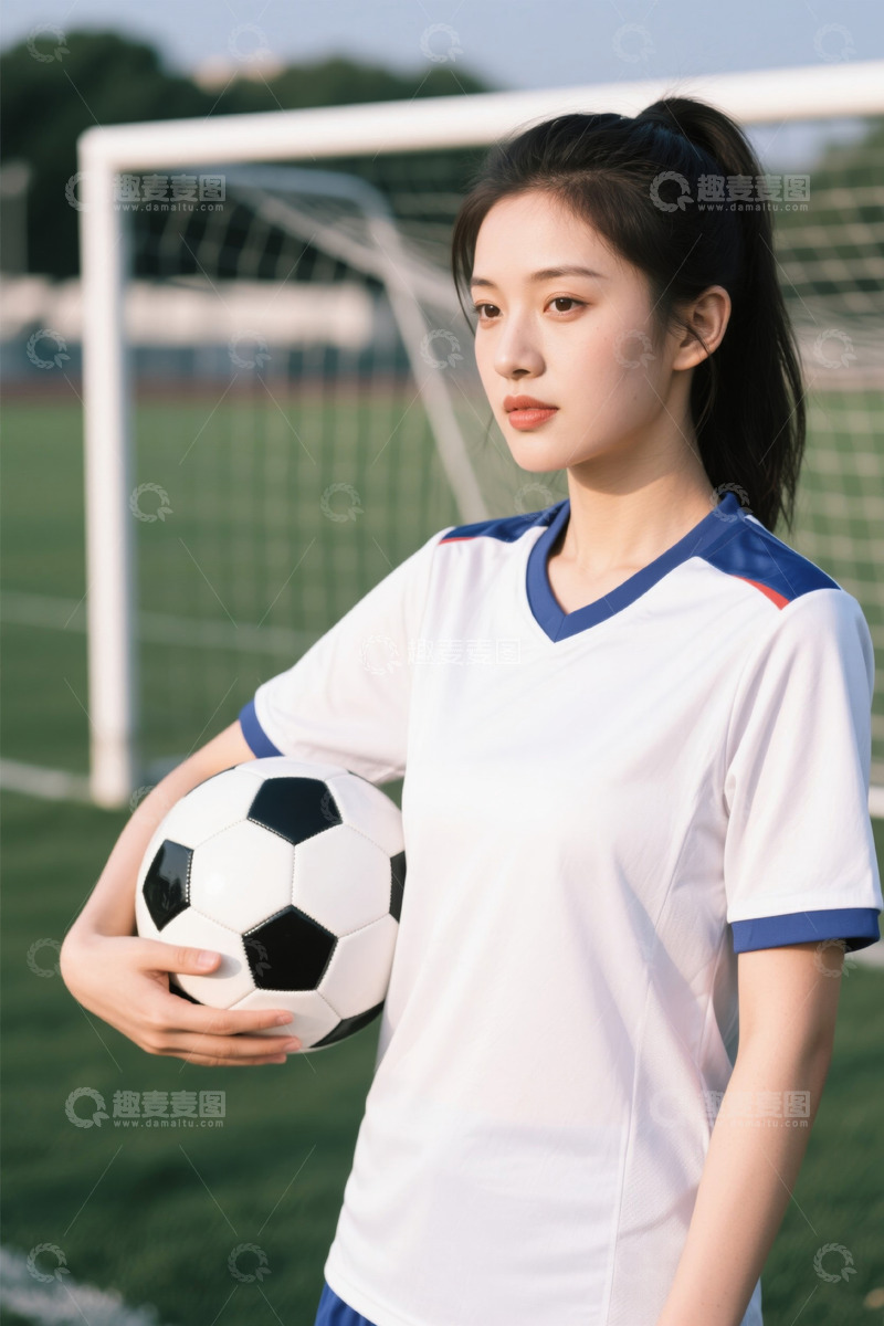 高清大图下载【趣麦麦图】手持足球的年轻女性在足球场