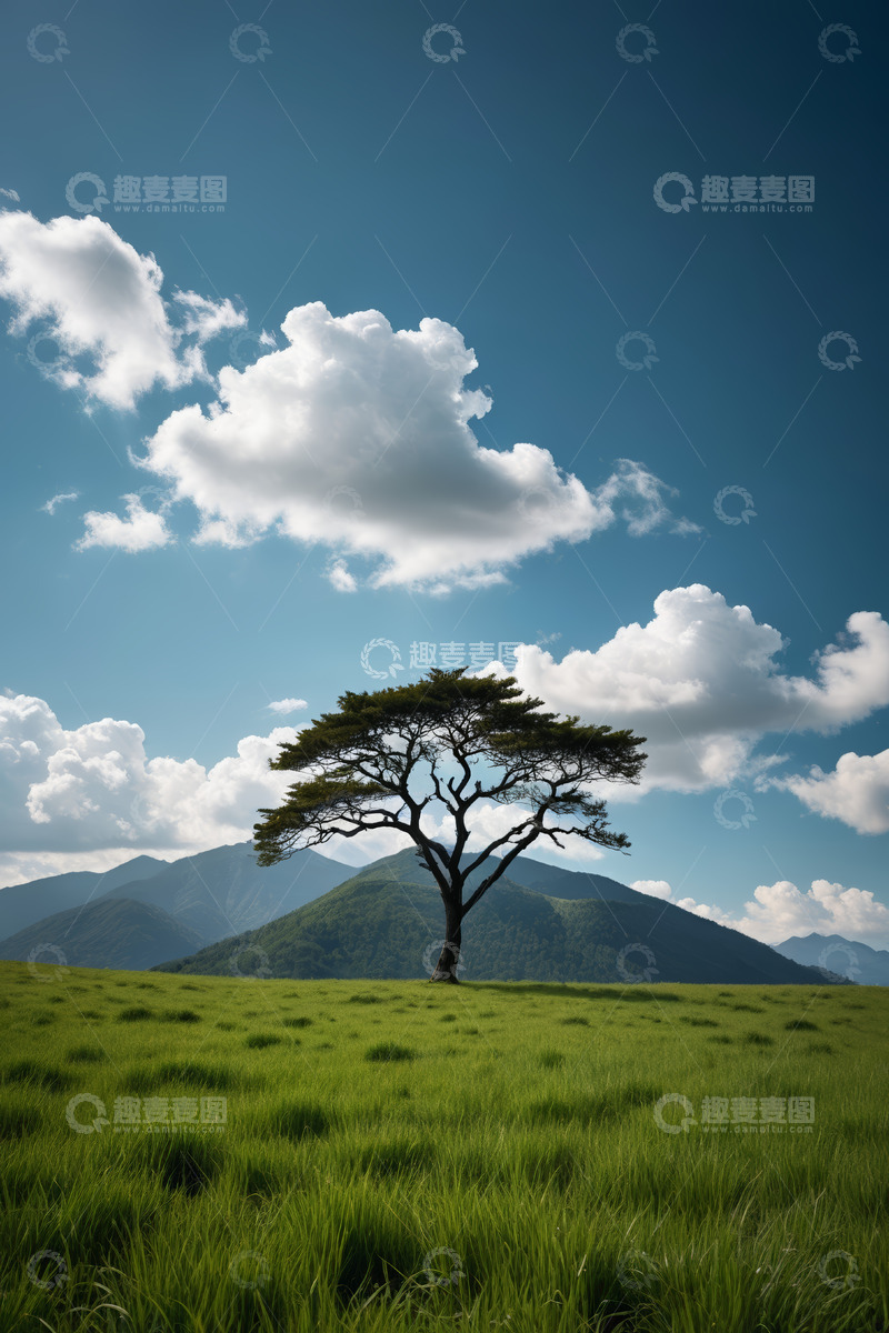 高清大图下载【趣麦麦图】草原上的孤树与蓝天白云