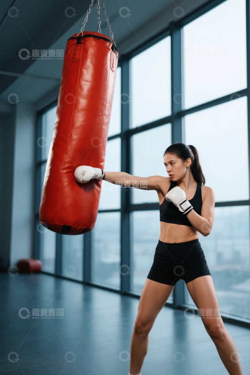 高清大图下载【趣麦麦图】健身房女性击打拳击沙袋