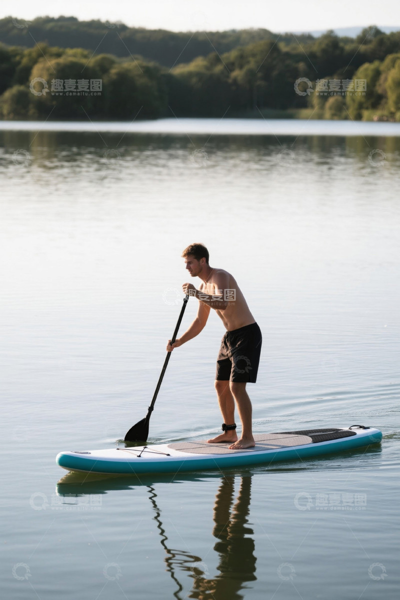 高清大图下载【趣麦麦图】男子在湖面划桨板休闲运动
