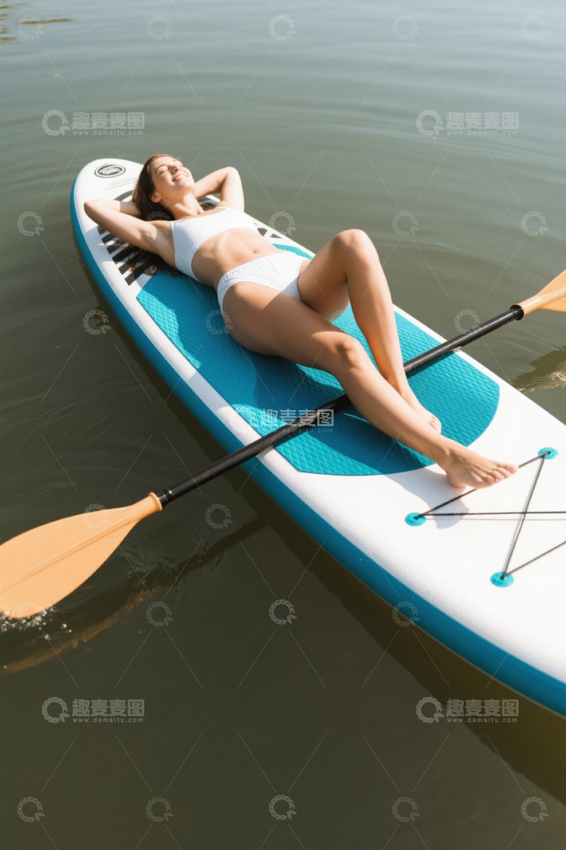 高清大图下载【趣麦麦图】女子躺于桨板上休憩于水面
