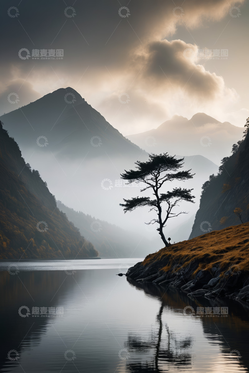 高清大图下载【趣麦麦图】山水间孤树湖泊自然景观