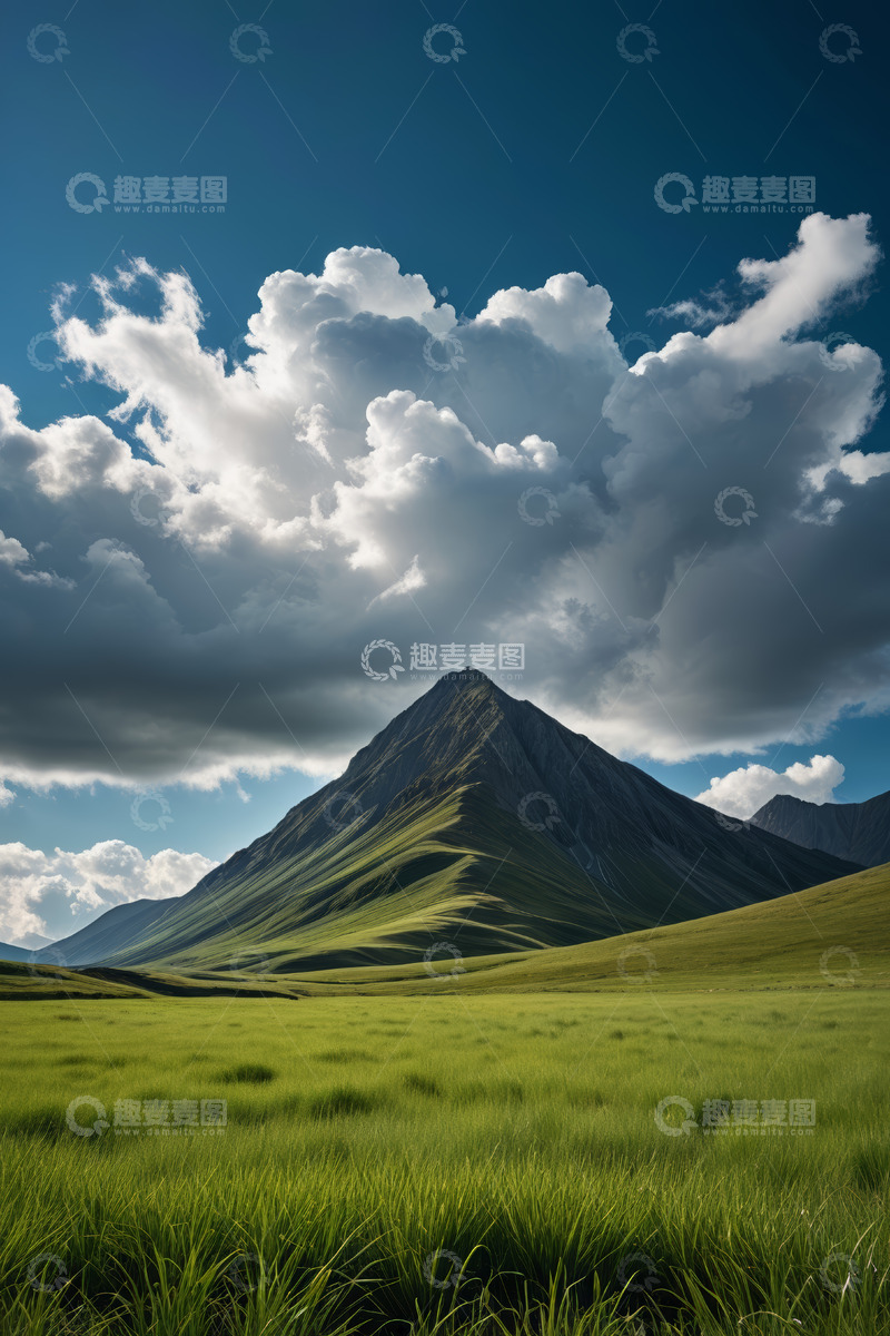 高清大图下载【趣麦麦图】蓝天白云下的高山草原风光