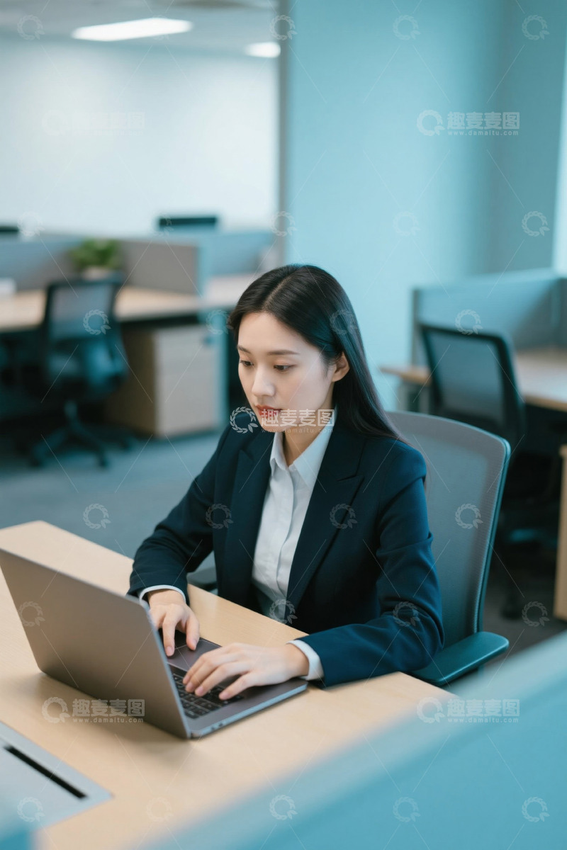 高清大图下载【趣麦麦图】办公室女职员专注使用笔记本电脑
