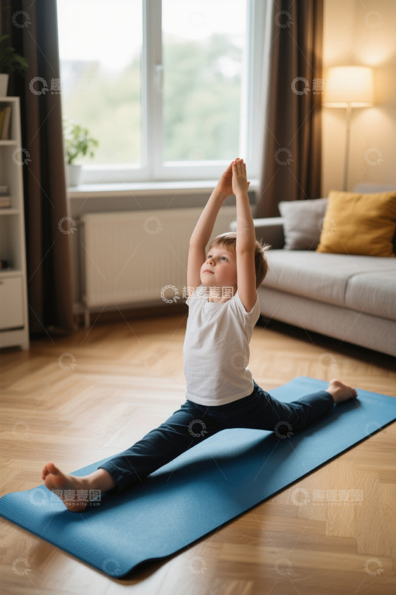 高清大图下载【趣麦麦图】小男孩在家中瑜伽垫上做拉伸