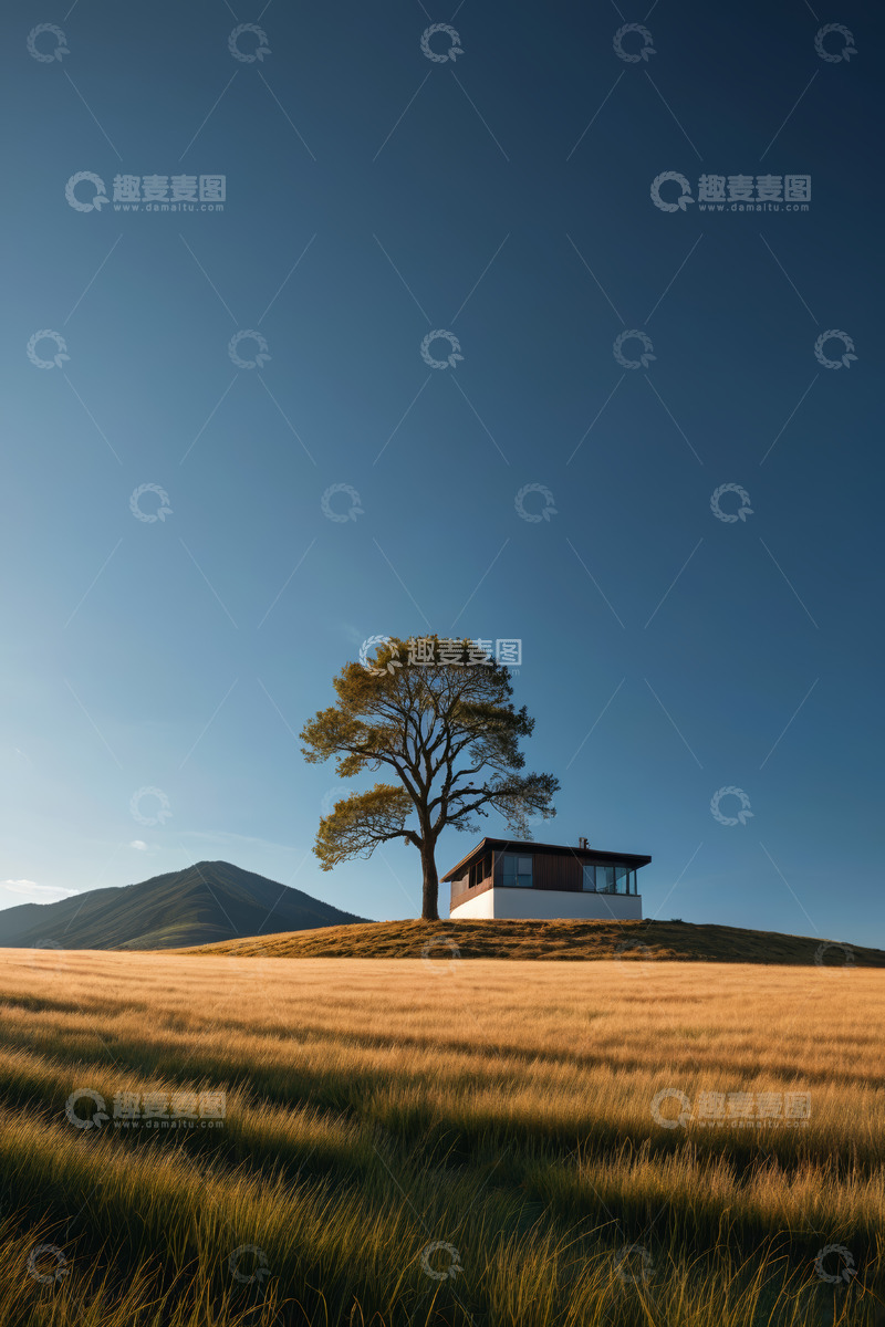 高清大图下载【趣麦麦图】原野上的树与小屋风景