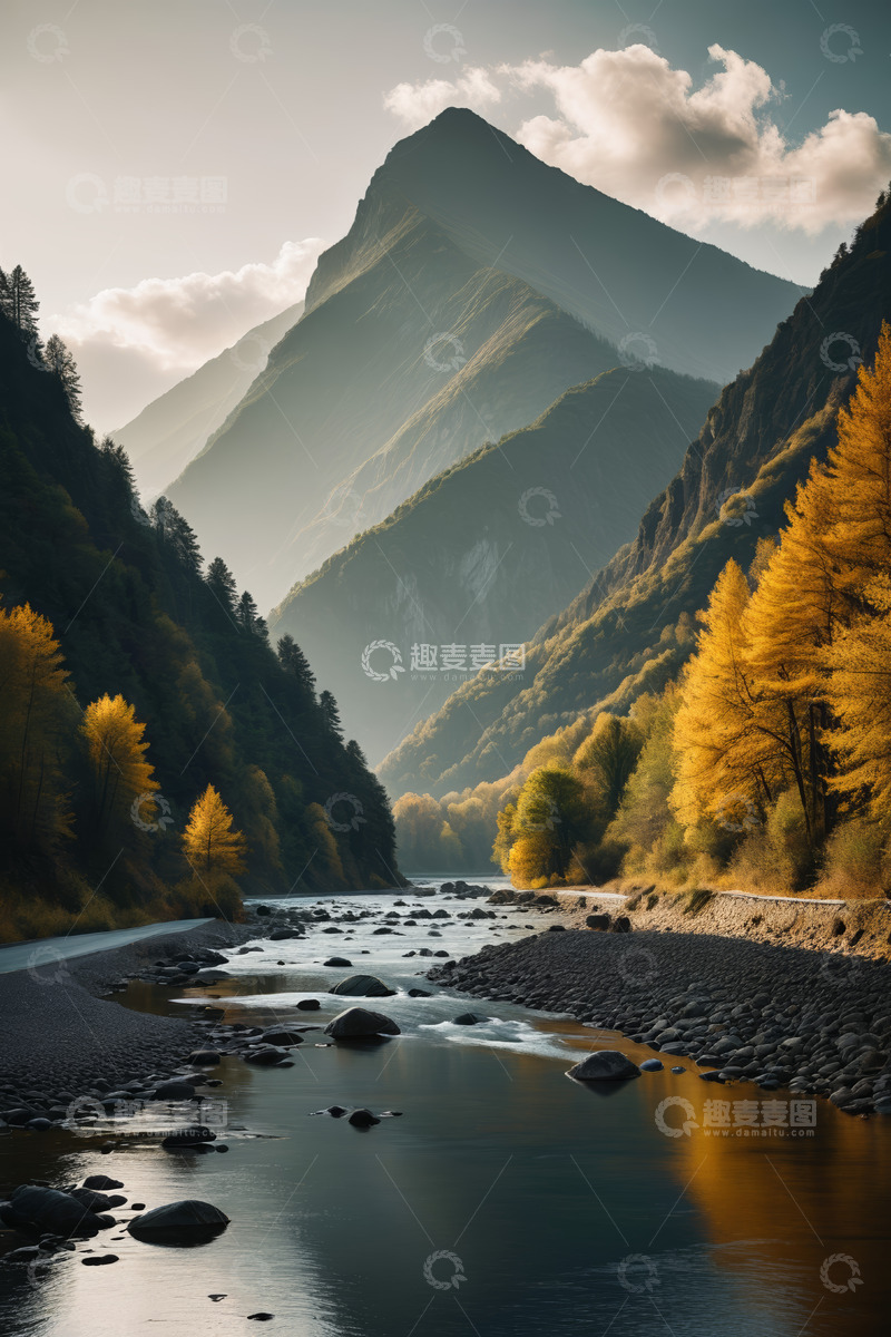 高清大图下载【趣麦麦图】山谷河流与金黄树林自然风光