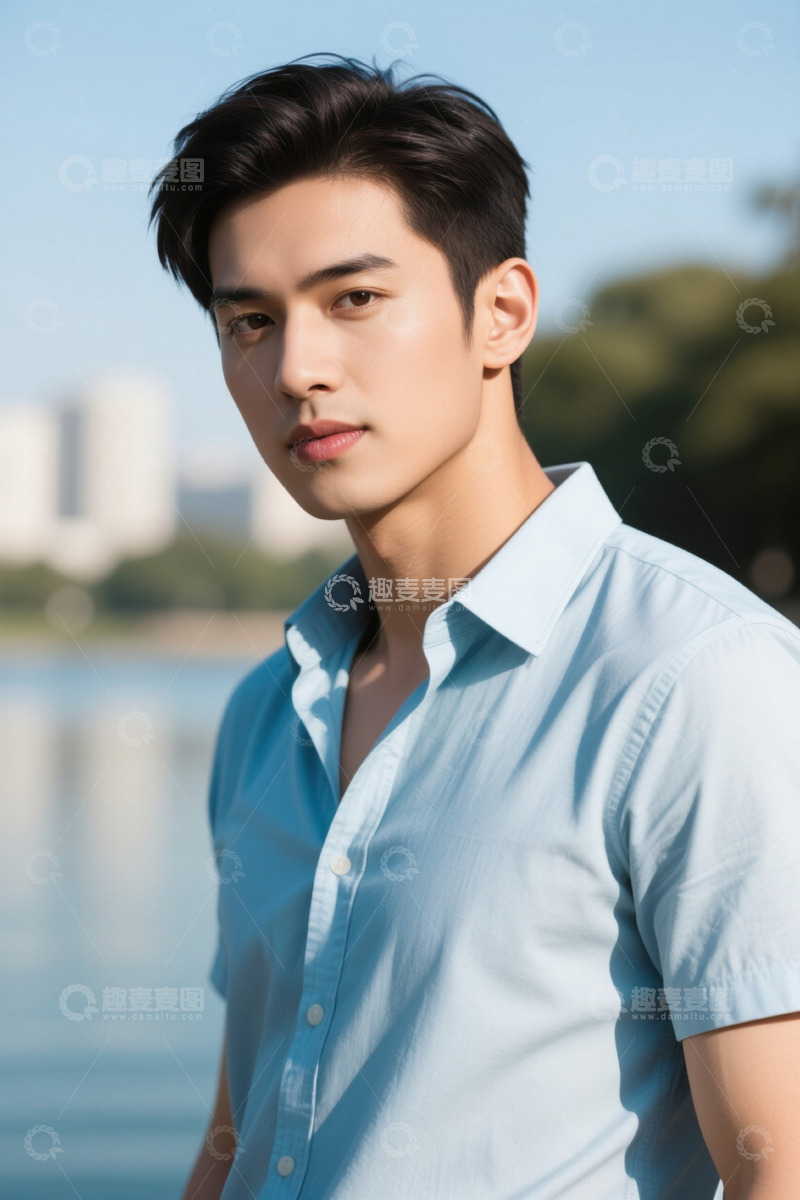 高清大图下载【趣麦麦图】湖畔亚洲男子休闲肖像
