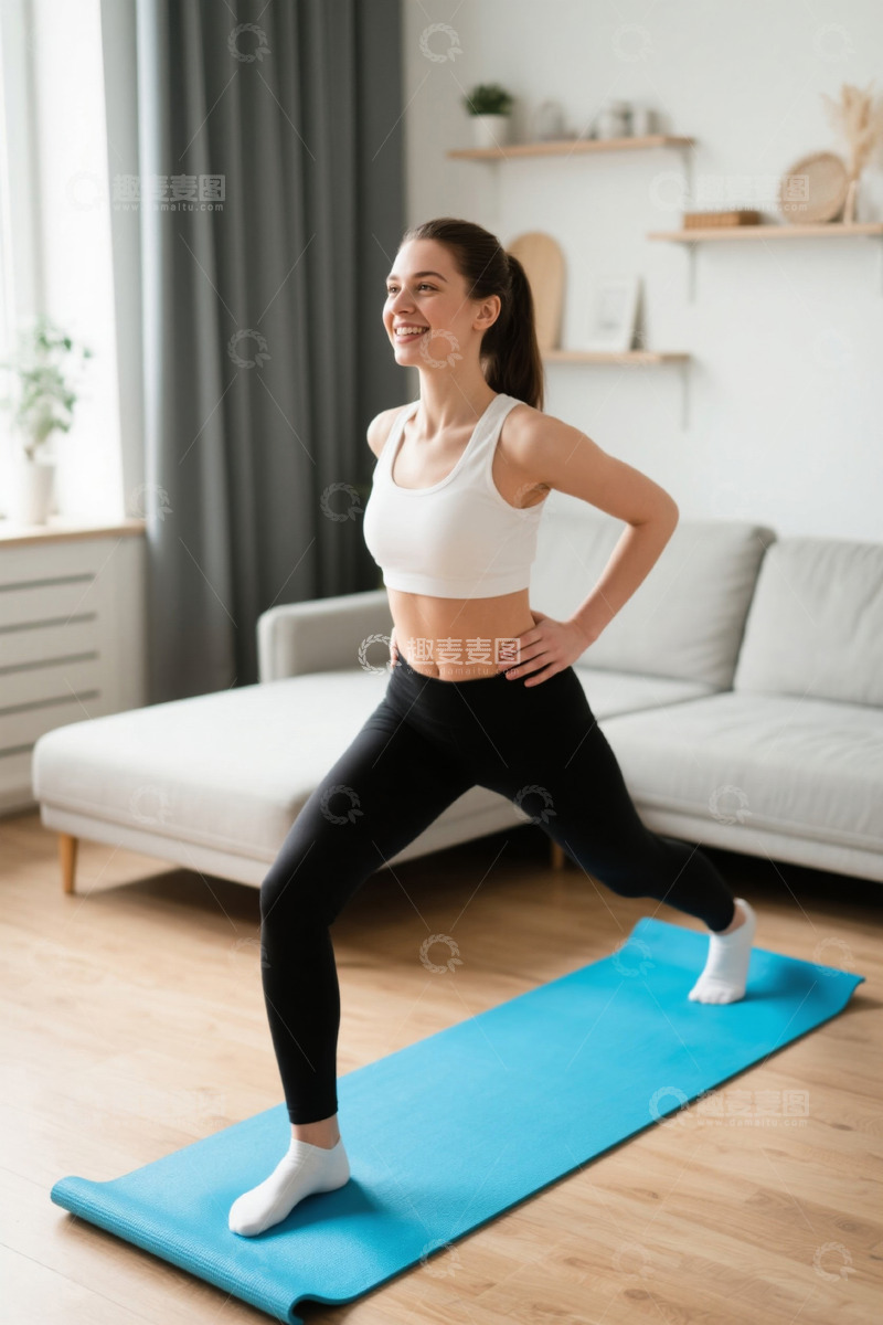 高清大图下载【趣麦麦图】居家女性在瑜伽垫上健身
