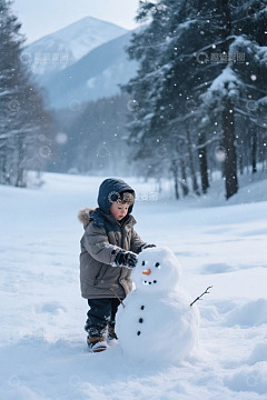儿童户外雪地堆雪人场景