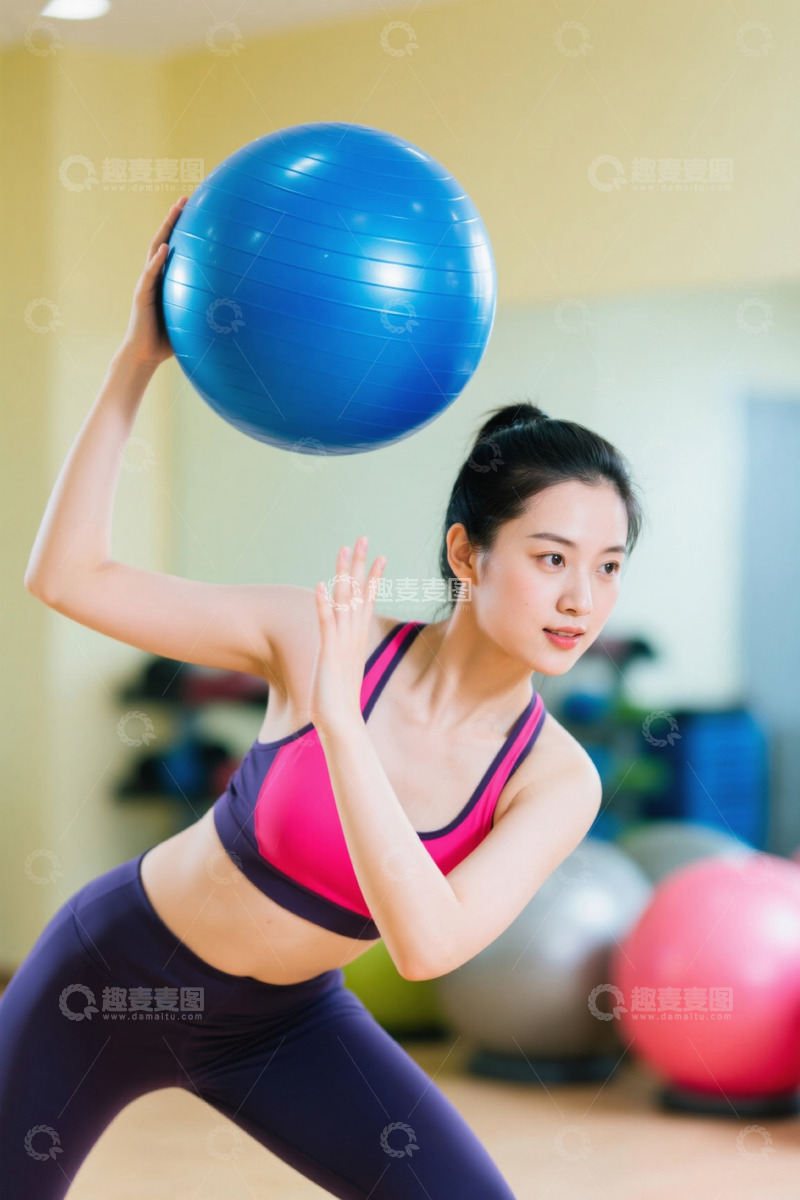 高清大图下载【趣麦麦图】健身房女子使用健身球锻炼