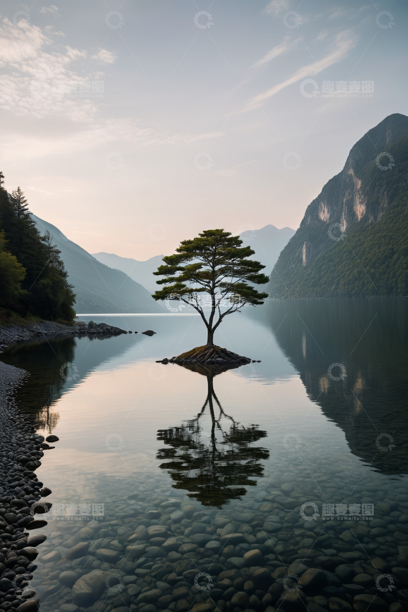 高清大图下载【趣麦麦图】湖心孤树山水自然景观