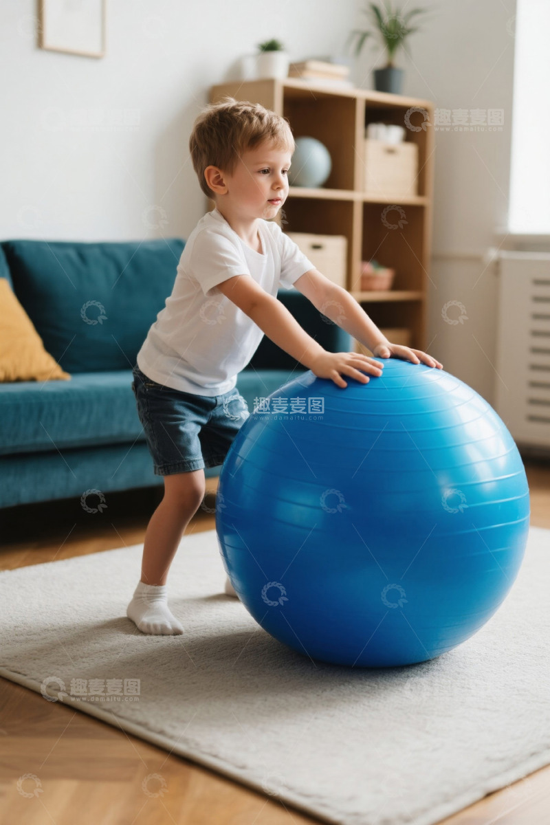 高清大图下载【趣麦麦图】小男孩在家玩健身球场景