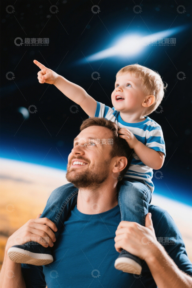 高清大图下载【趣麦麦图】父亲肩扛男孩指向天空