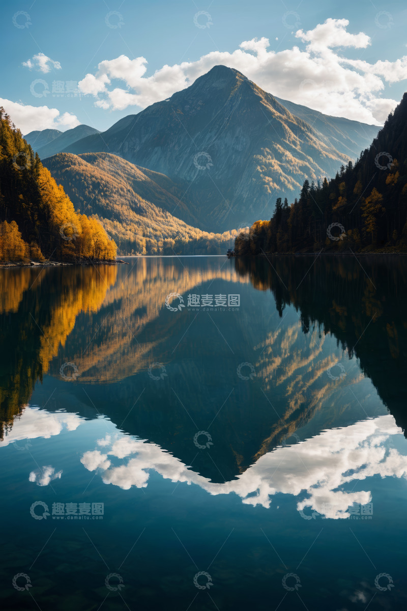 高清大图下载【趣麦麦图】秋日山林湖泊静谧风景