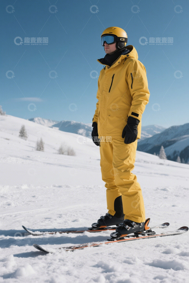高清大图下载【趣麦麦图】身着黄衣的滑雪者立于雪山上