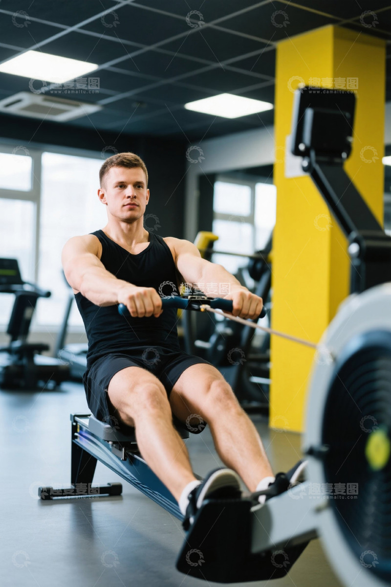高清大图下载【趣麦麦图】男性健身房使用划船机健身