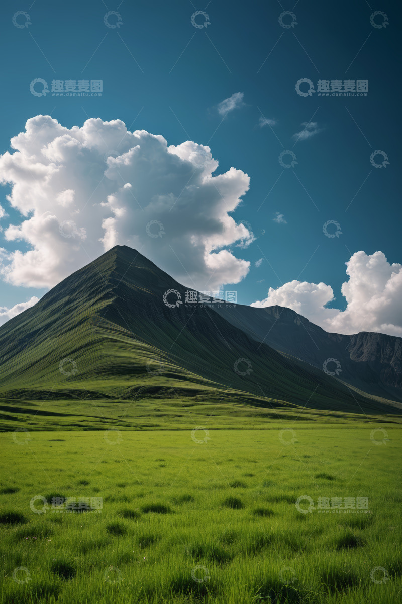 高清大图下载【趣麦麦图】草原上的山峰与蓝天白云