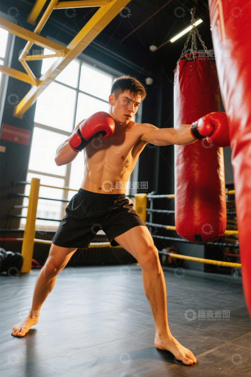 高清大图下载【趣麦麦图】健身房男子拳击训练场景