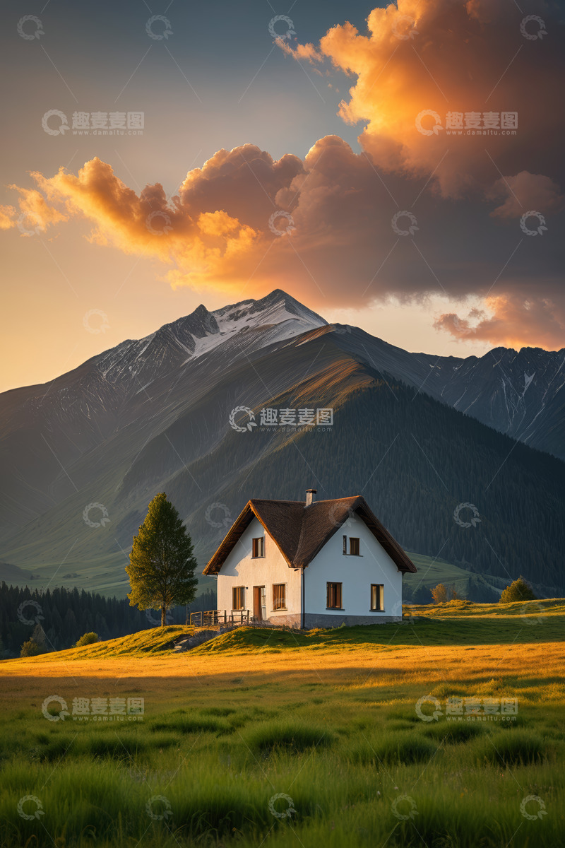 高清大图下载【趣麦麦图】山间小屋日落自然风光