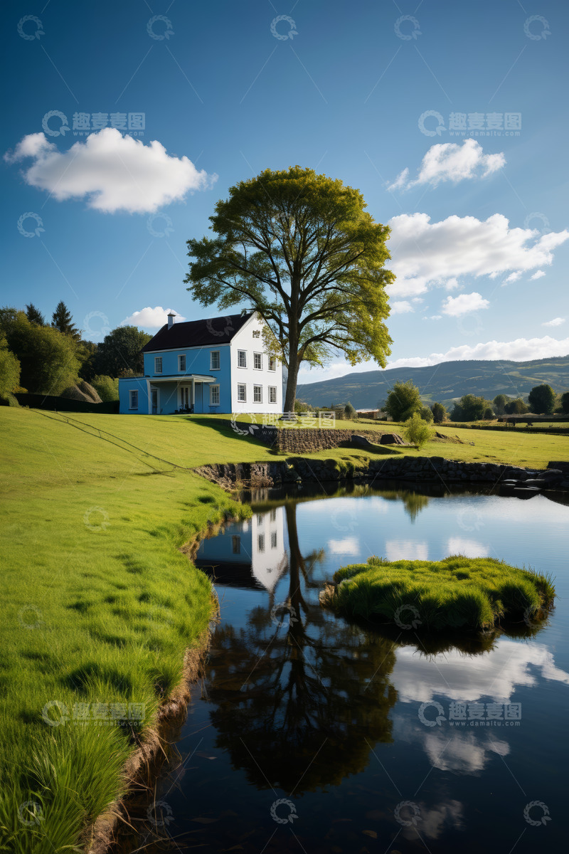 高清大图下载【趣麦麦图】湖畔蓝屋与绿树自然风光