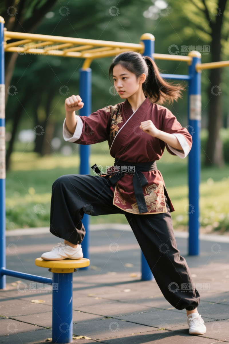 高清大图下载【趣麦麦图】女孩户外练武术