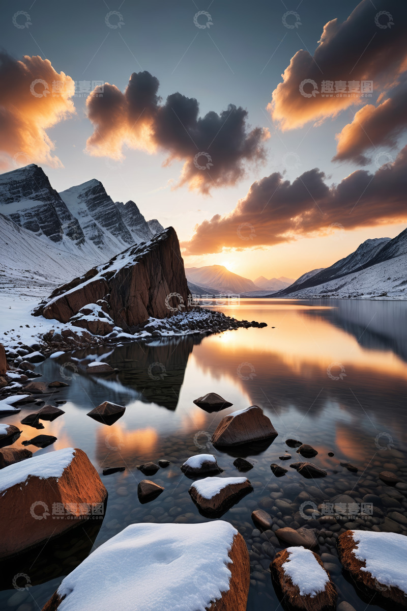 高清大图下载【趣麦麦图】雪山湖泊日落自然风光