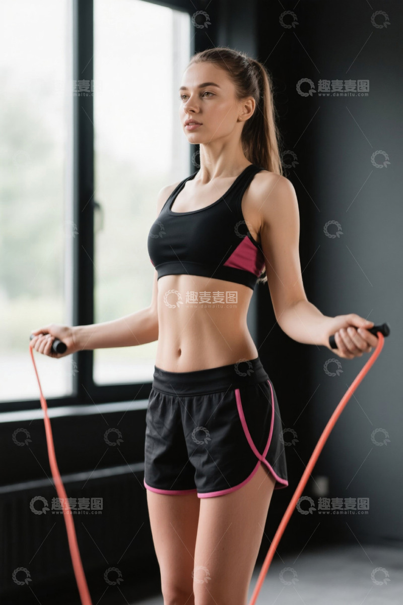 高清大图下载【趣麦麦图】女性室内手持跳绳健身画面