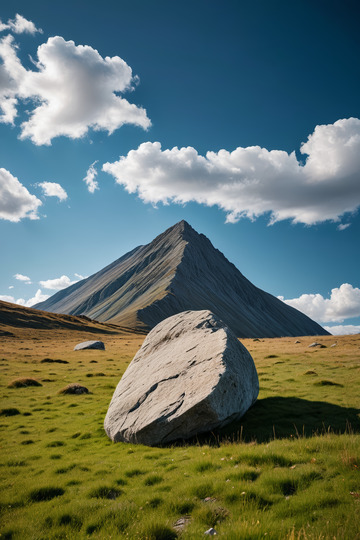 草原上的巨石与远山风景