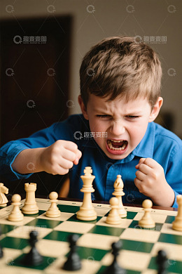 男孩专注下国际象棋场景