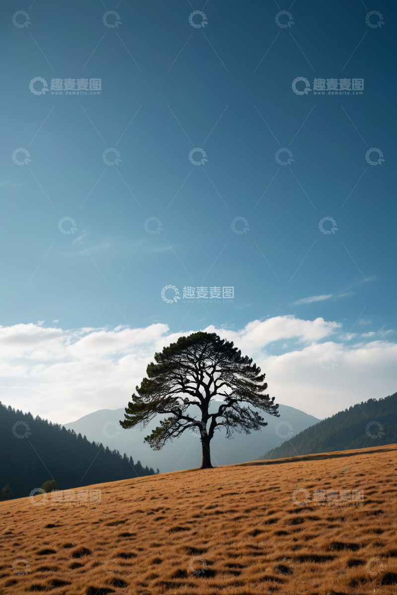高清大图下载【趣麦麦图】草原上单棵树木与远山风景