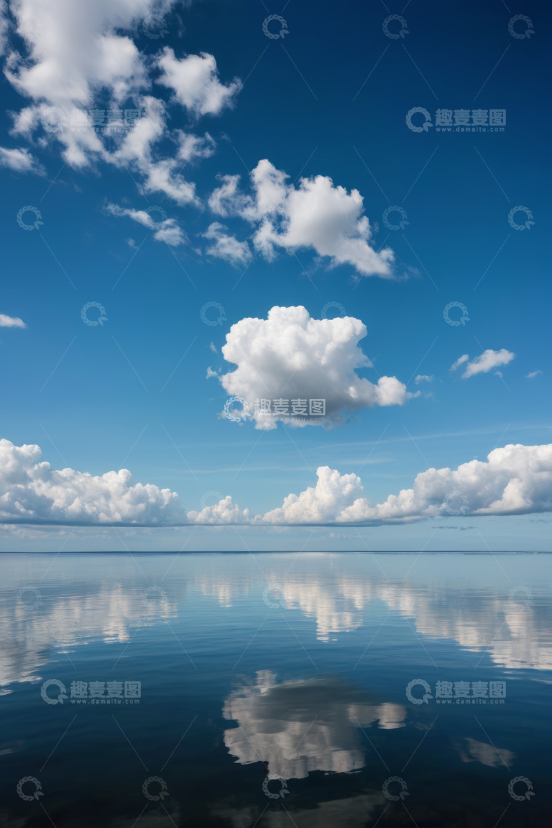 高清大图下载【趣麦麦图】蓝天白云下平静水面的自然景观