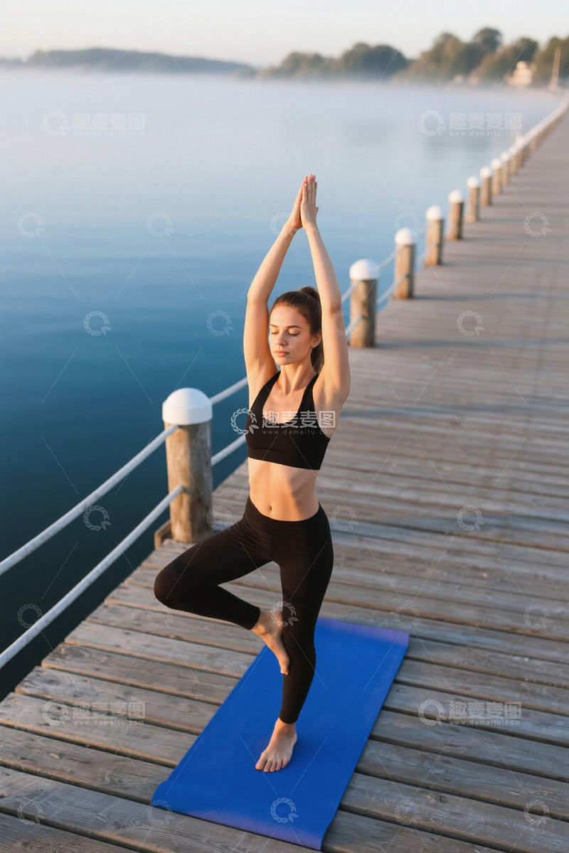 高清大图下载【趣麦麦图】女子在湖边木栈道上做瑜伽