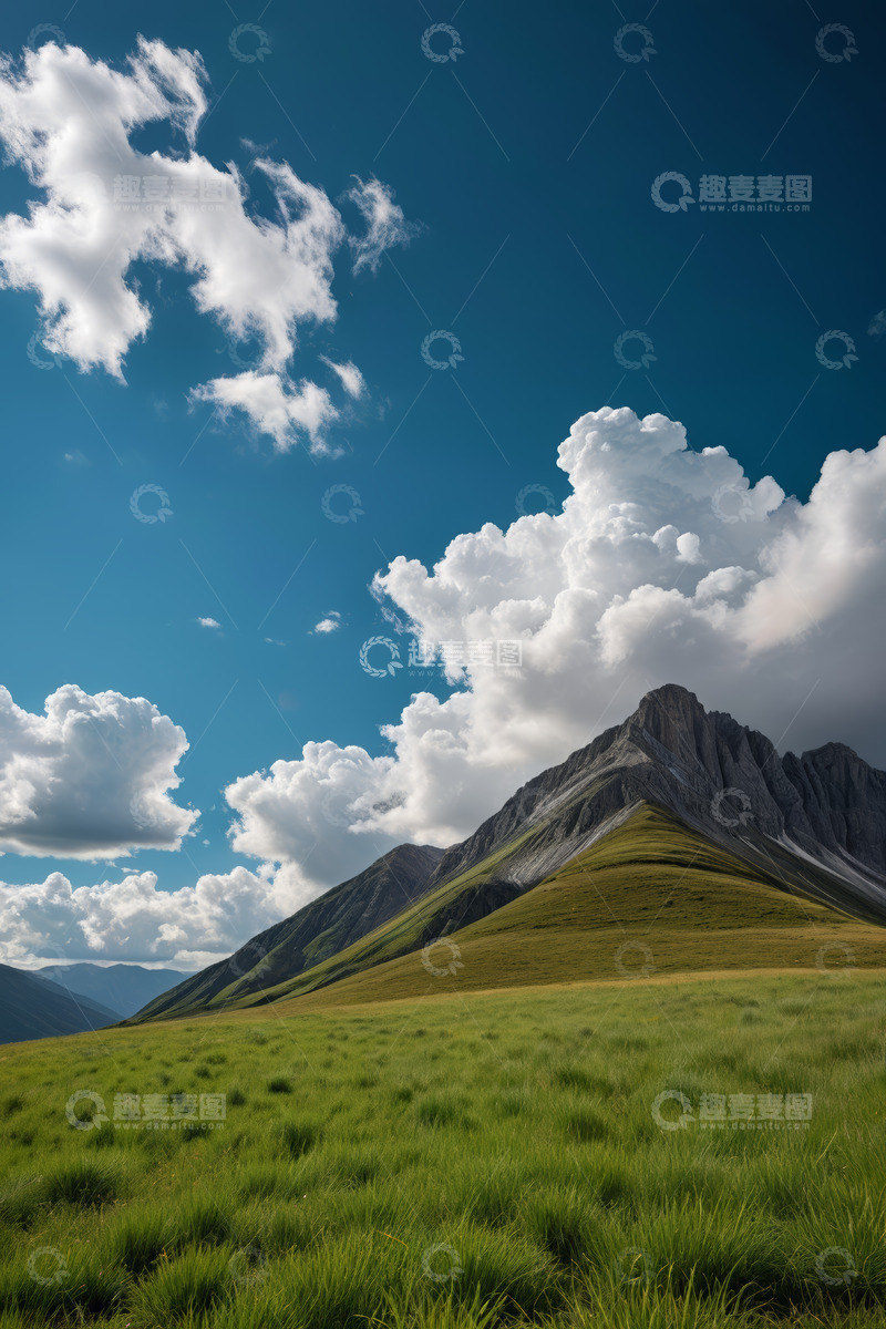 高清大图下载【趣麦麦图】蓝天白云下的高山草甸风景