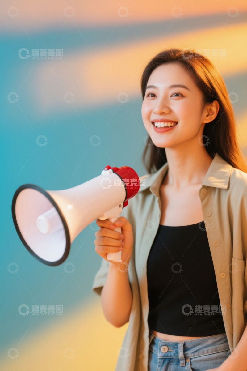 高清大图下载【趣麦麦图】手持扩音器微笑的年轻女性