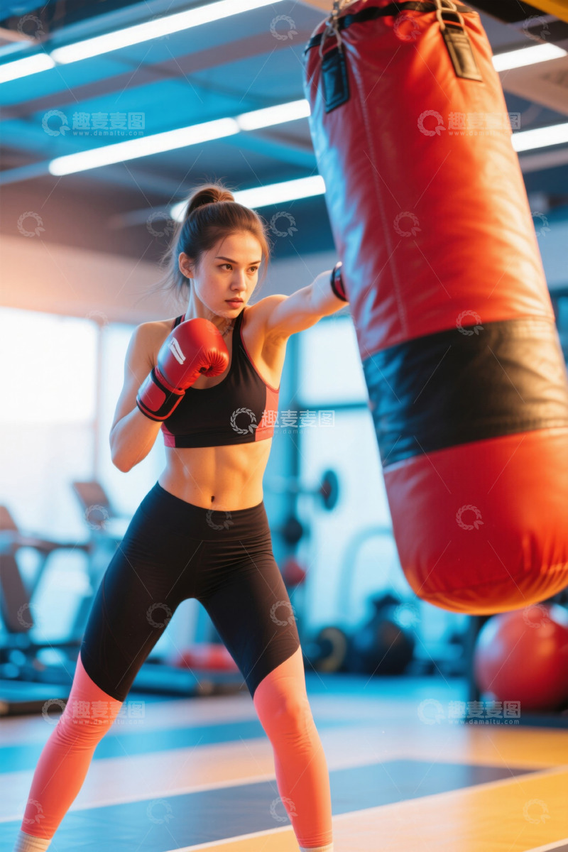 高清大图下载【趣麦麦图】健身房女性练习拳击击打沙袋