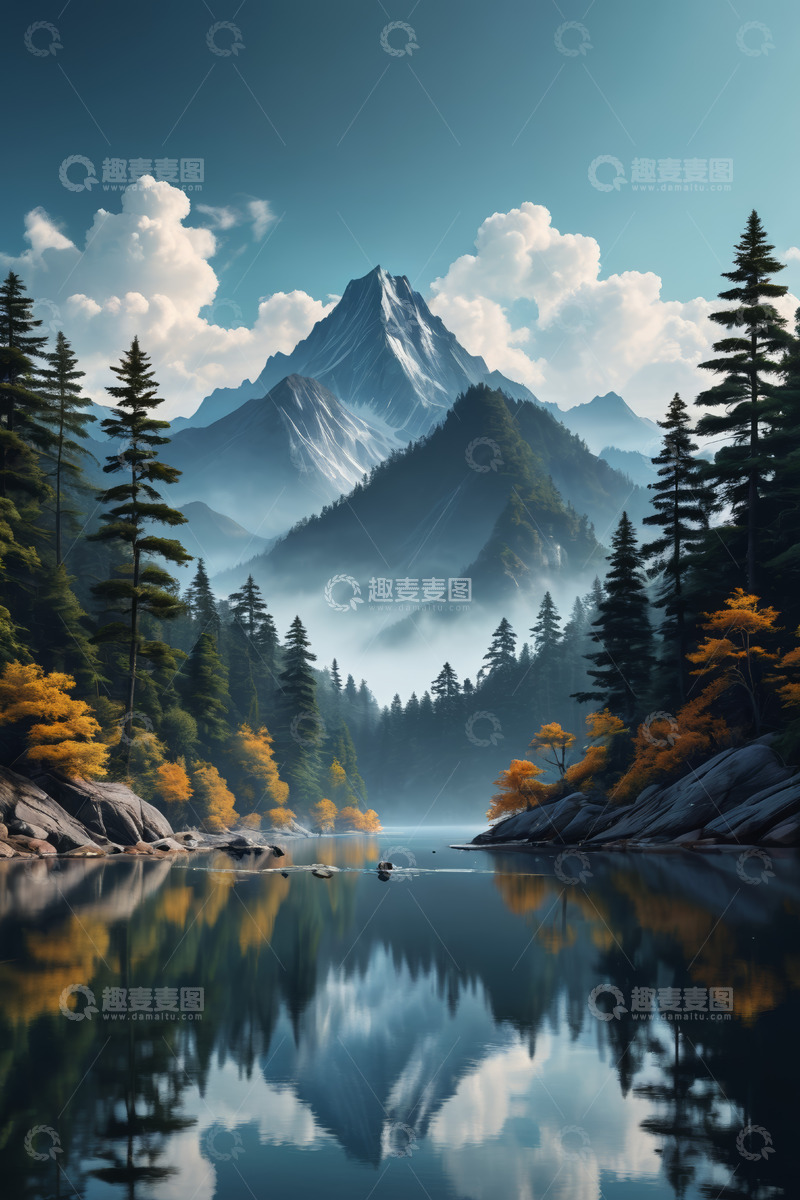 高清大图下载【趣麦麦图】山林湖泊自然风光全景