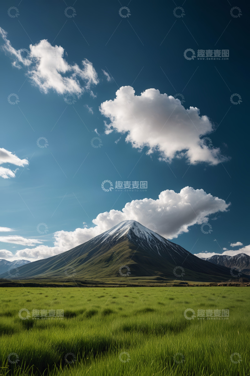 高清大图下载【趣麦麦图】草原上的雪山与蓝天白云