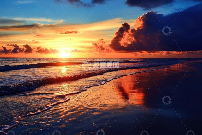 高清大图下载【趣麦麦图】落日黄昏沙滩海边