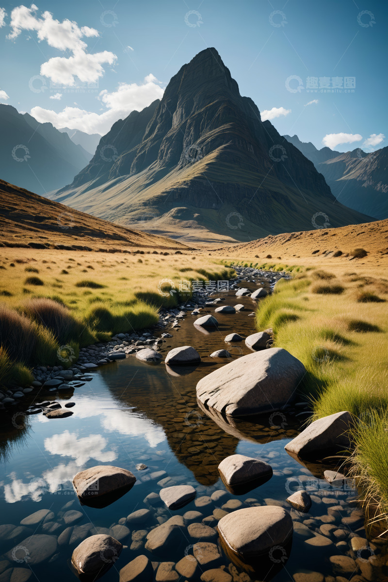 高清大图下载【趣麦麦图】山间溪流与草地风景